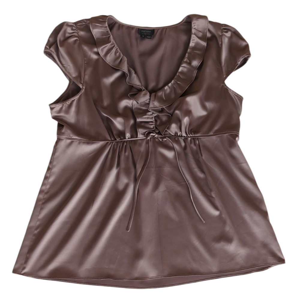 Nicole by Nicole Miller Ruffle Empire Waist Blouse 14 Brown